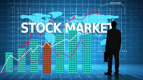 stock market data animation over silhouette of business person with briefcase