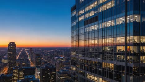 city skyline at dusk with illuminated skyscraper