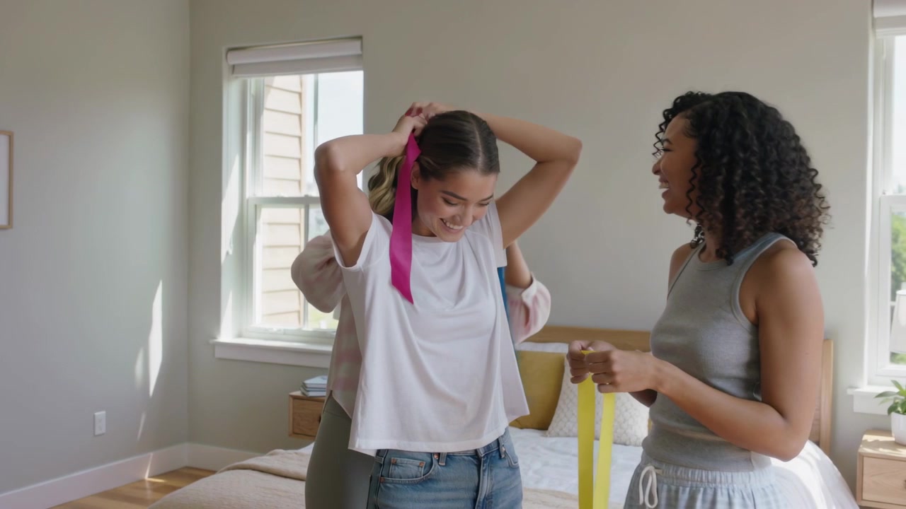 Lifting ribbons, friends helping style center teenage girl hair in bedroom, with colorful ribbons