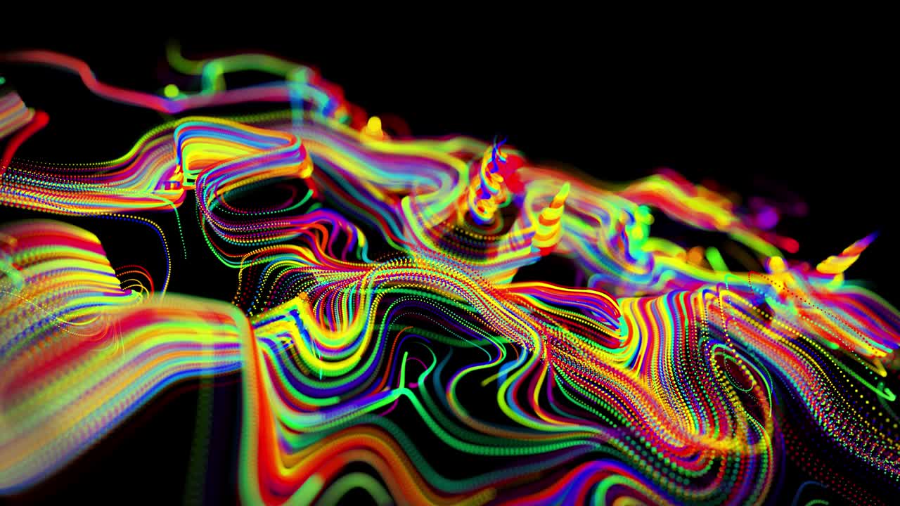 el flujo de partículas forma líneas rizadas como rastros de brillo de diferentes colores, las líneas forman un patrón giratorio como ruido de rizado. abstracto 3d bucle de flujo de animación como fondo festivo creativo brillante