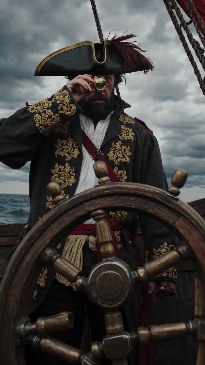 Capitano pirata che guarda attraverso un monocolo al timone di una nave