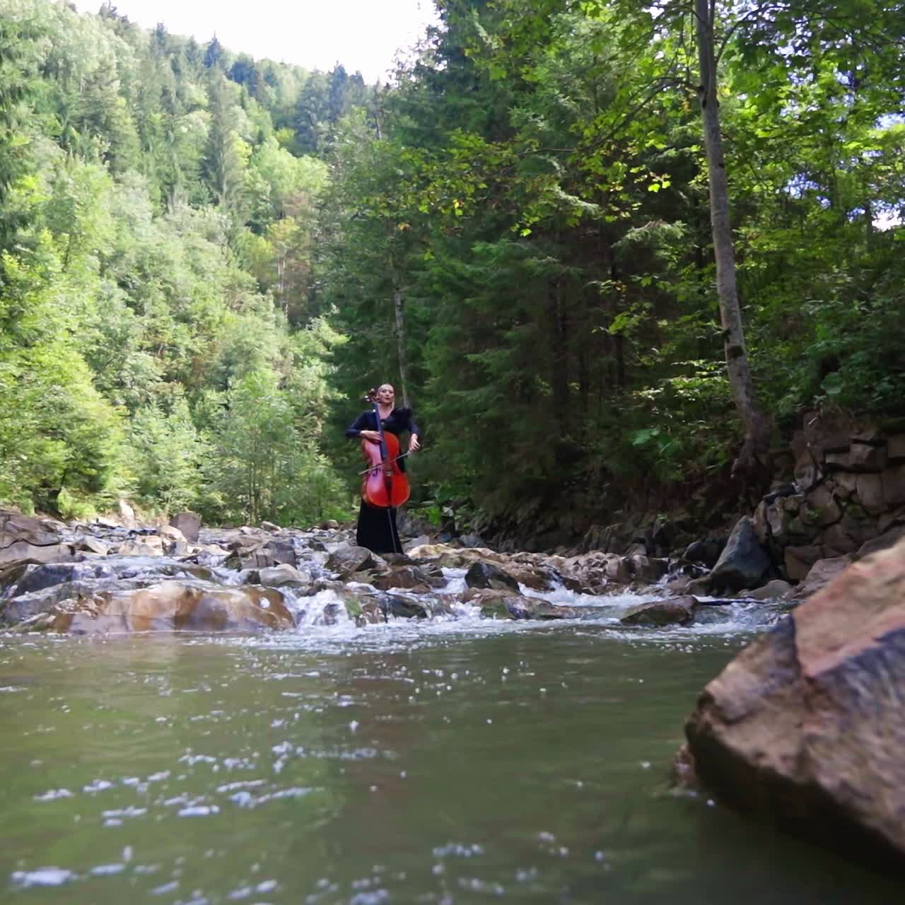 Beautiful woman with cello near the water. Female musician performing music at the river in the forest. Cellist plays the musical instrument in nature