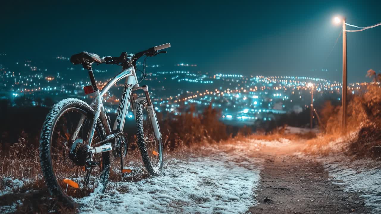 A Mountain Bike Awaiting Adventure Beneath a Starry Night Sky, Surrounded by a Sparkling Cityscape and Illuminated Pathway