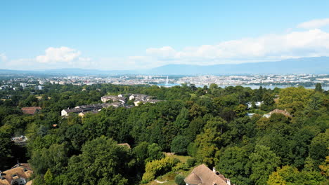 establishing drone shot of water fountain of geneva during the day (rade of geneva) from cologny, switzerland