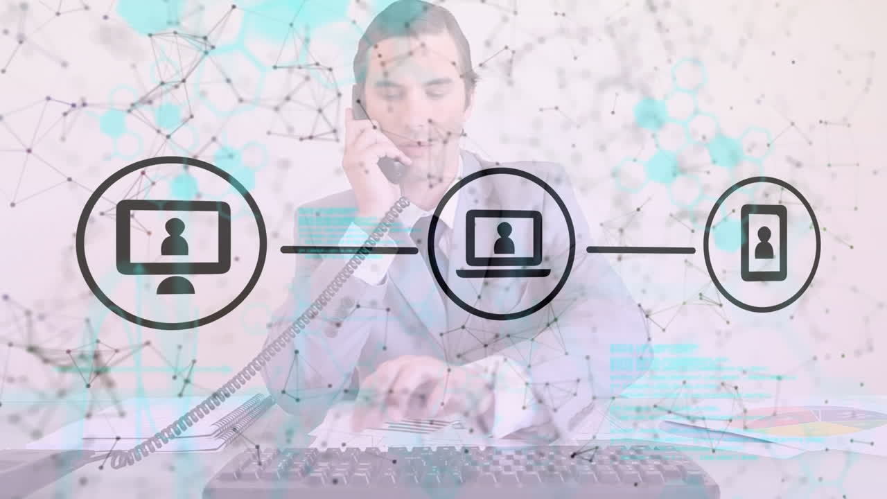 animación de iconos digitales sobre empresario caucásico leyendo documentos y hablando por teléfono