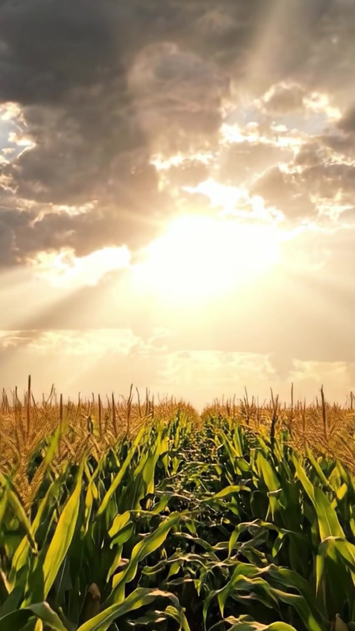 Golden Cornfield Under Radiant Sunlight: A Captivating Display of Nature’s Bounty and the Splendor of Agricultural Beauty as Daylight Breaks Through the Clouds