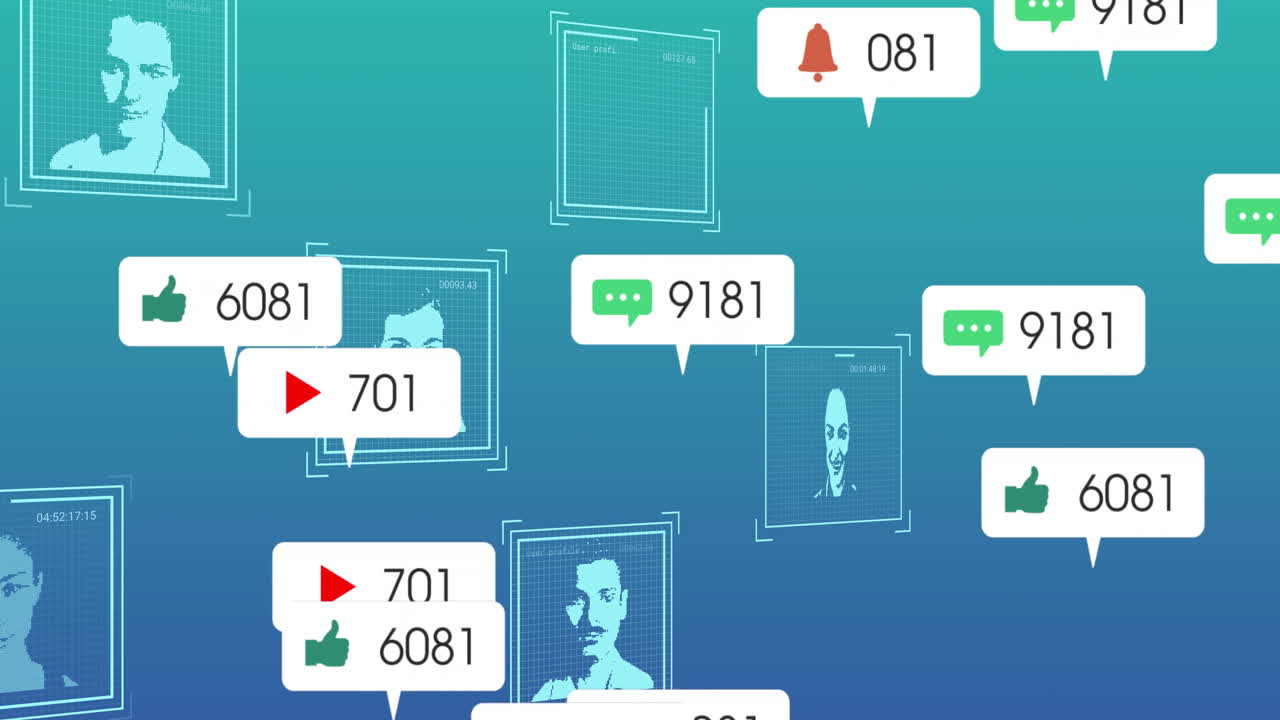 Animation of digital notifications overlaying profile images on gradient background