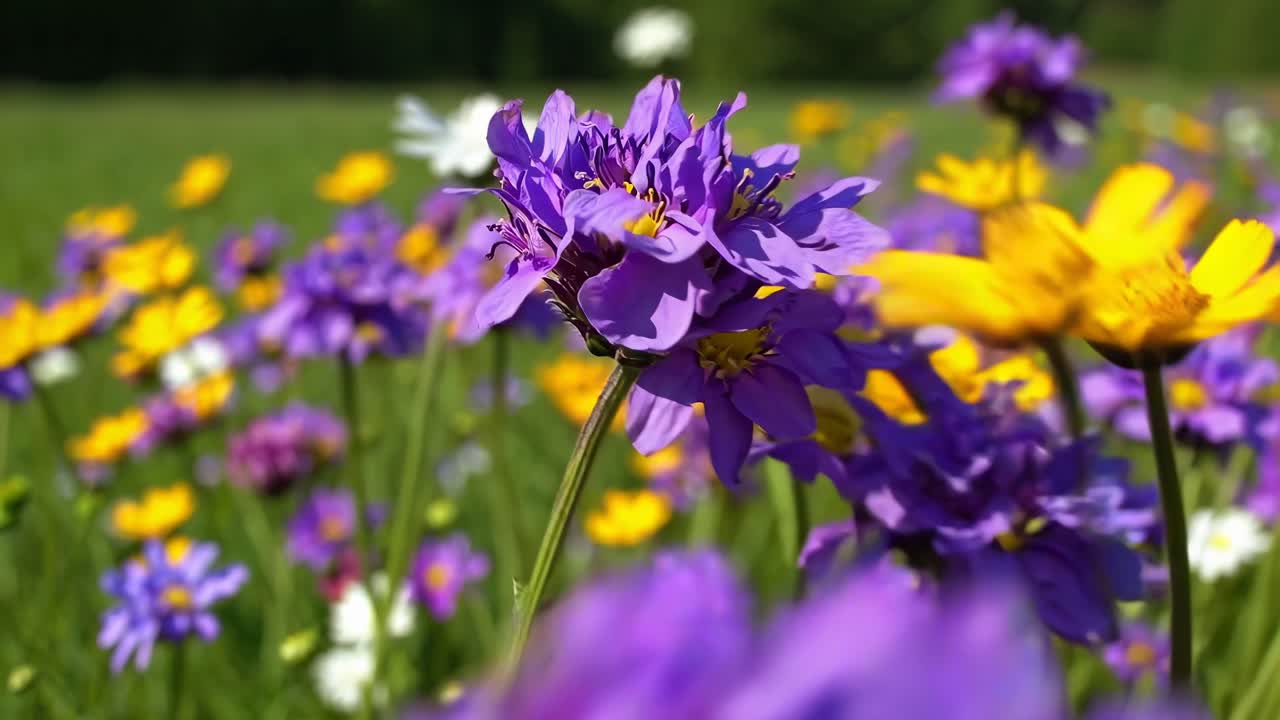 A vibrant, blurred close-up of wildflowers in a meadow, shot from a low angle