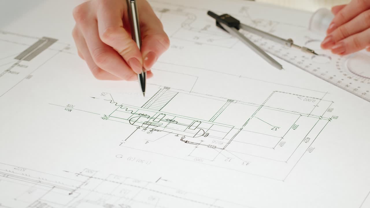 Hands working on architectural blueprints with drafting tools