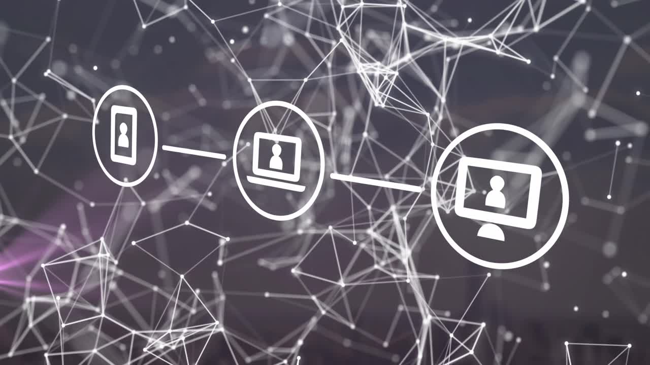 animación de la red de conexiones con iconos sobre fondo gris