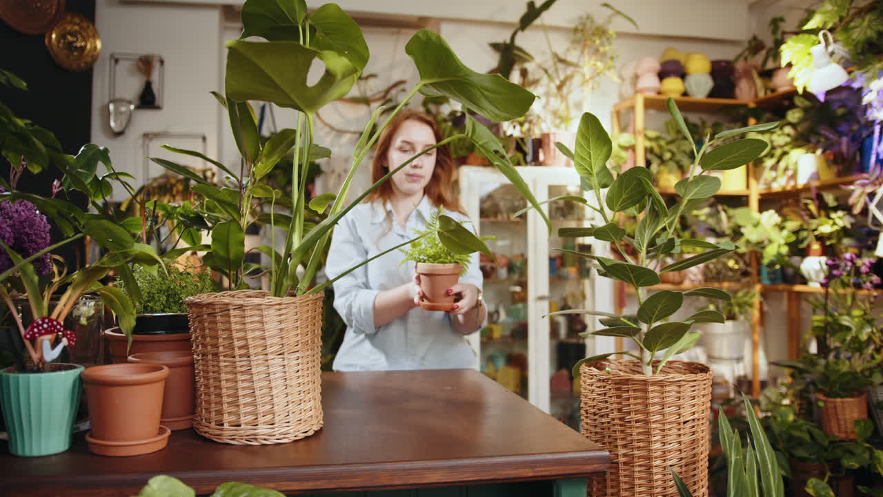 작은 식물 을 들고 있는 식물 가게 의 여자