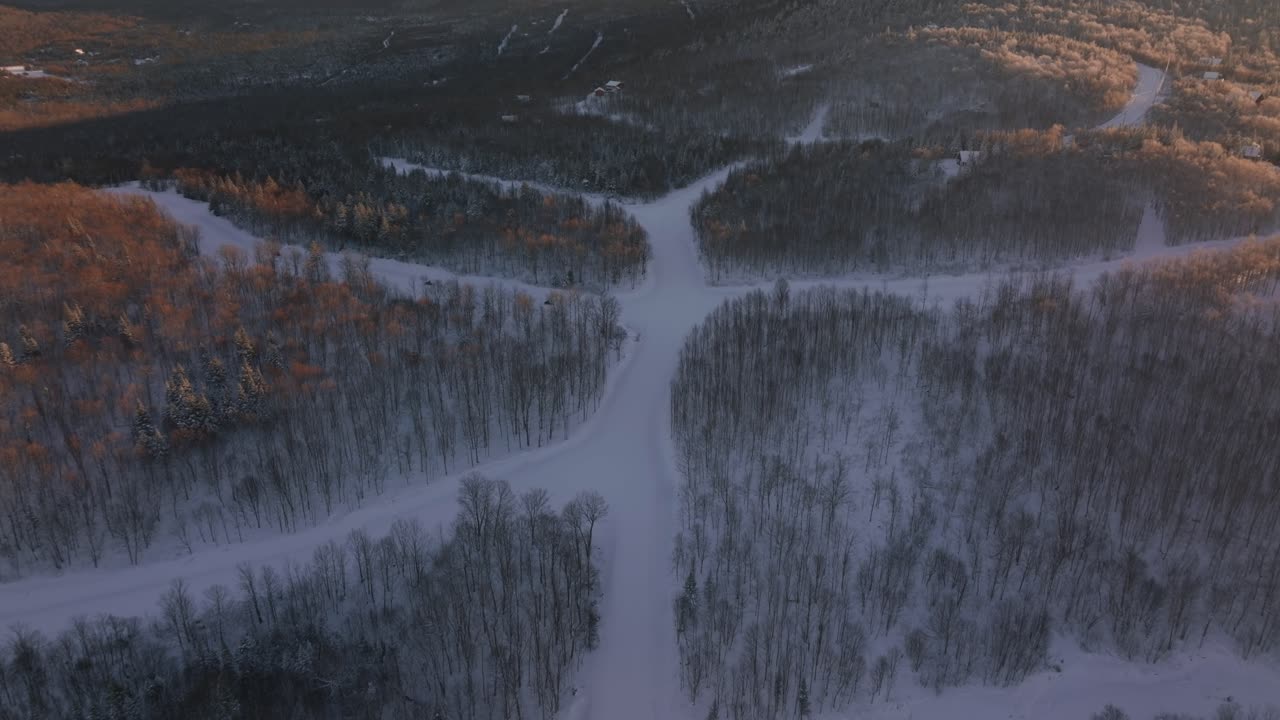 Campi coperti di neve con alberi fitti nel Quebec meridionale, Canada, durante il tramonto - pullback aereo