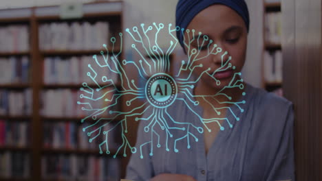 animation of ai text, brain and data over biracial female student in hijab reading book