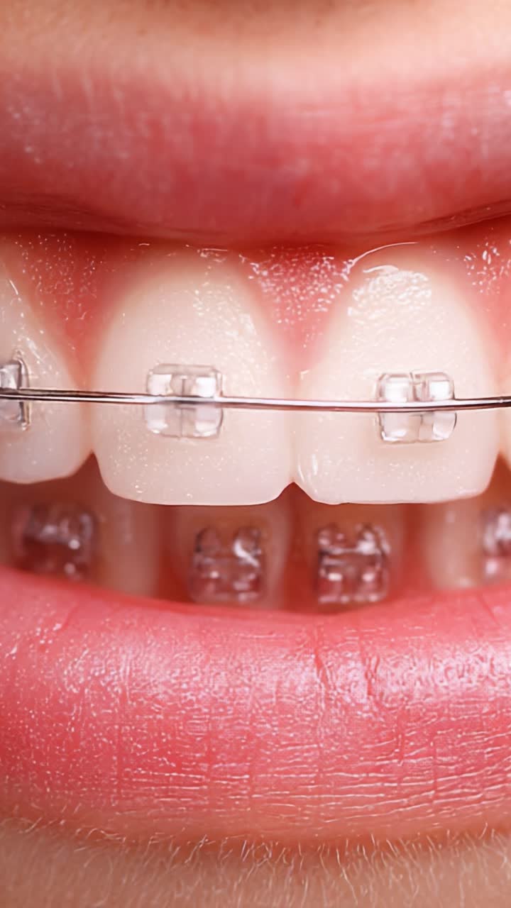 Close-up of Smiling Teeth with Clear Braces Showcasing Orthodontic Treatment Progress in Two Distinct Frames Capturing Subtle Changes in Alignment