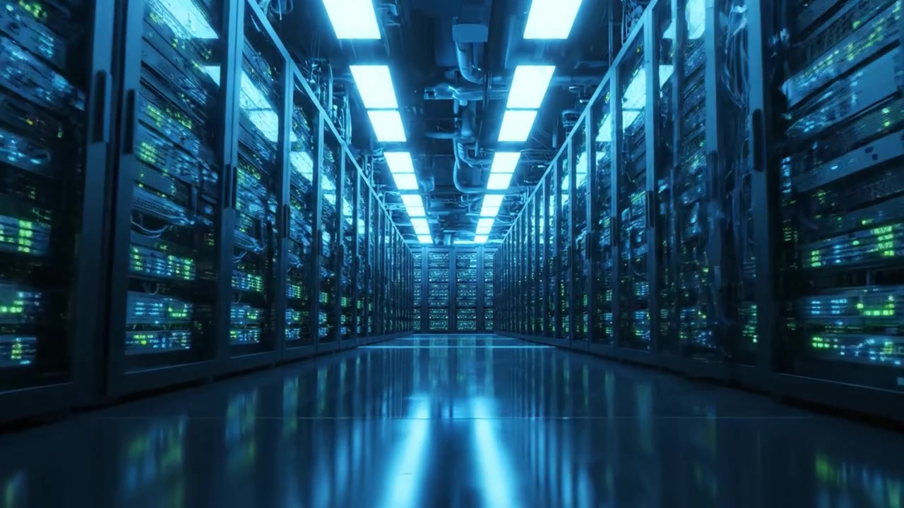 Et futuristisk datacenter, der viser rækker af servere oplyst af strålende blåt lys, hvilket skaber et højteknologisk miljø for databehandling og lagring.