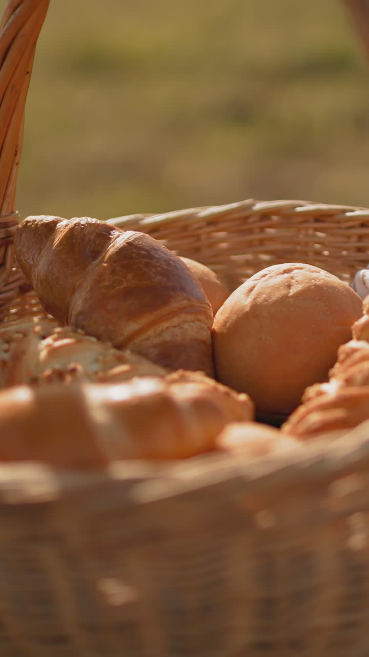 primer plano de croissants dorados frescos y rollos de pan en una canasta de picnic tejida con tela suave, colocada en heno con sombrero tejido cerca, campo de campo iluminado por el sol en un fondo borroso