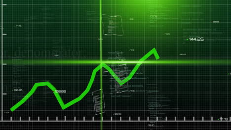 Animación-De-Gráficos-Verdes-Y-Rayos-De-Escáner-Sobre-Interfaces-Que-Procesan-Datos-Sobre-Fondo-Oscuro