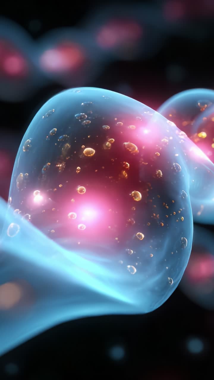 Primo piano di cellule bioluminescenti e vivaci con bolle ed effetti di luce brillanti, caratterizzate da una miscela di colori unica su sfondo scuro