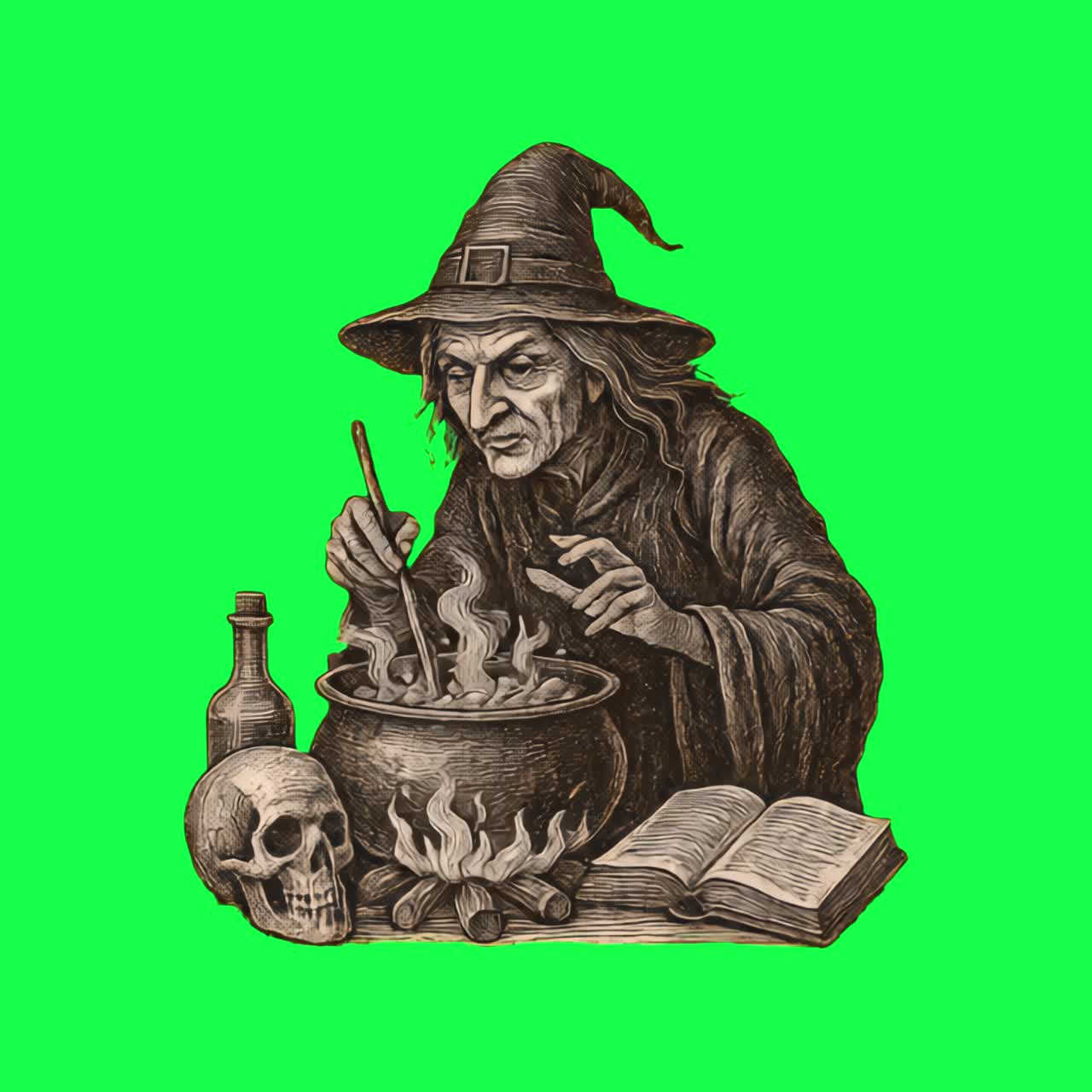 Witch brews magical potion animation, transparent 4K video, green screen