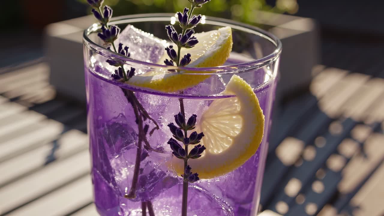Vibrant lavender colored cocktail, adorned with a lemon slice and lavender sprigs, sits on a wooden table, its icy contents glistening in the sunlight, offering a refreshing summer beverage