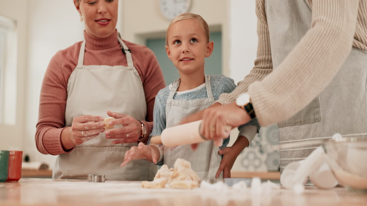 Family, teaching or girl baking with parents