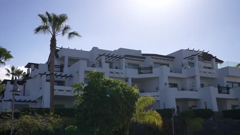 resort with open terrace rooms in tenerife canary islands spain with strong sunshine and palm tree, wide shot