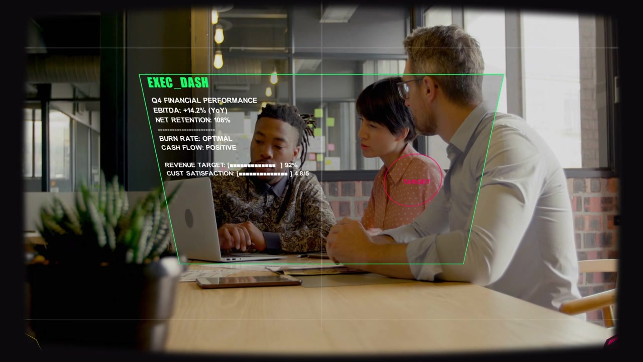 Team leaning over laptop, right person pointing, activating EXEC DASH HUD, analyzing finance data