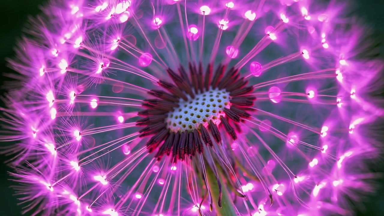 Macro primo piano di un soffione di tarassaco rosa luminoso