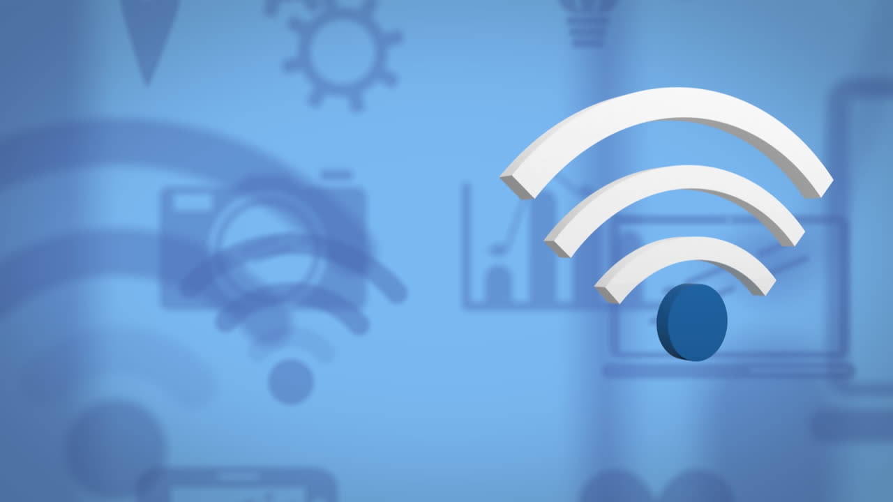 animación de iconos digitales de wifi y computadora en fondo azul