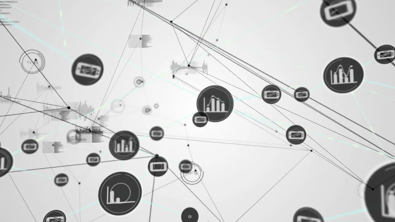 animación de la red de conexiones y procesamiento de datos sobre un fondo blanco
