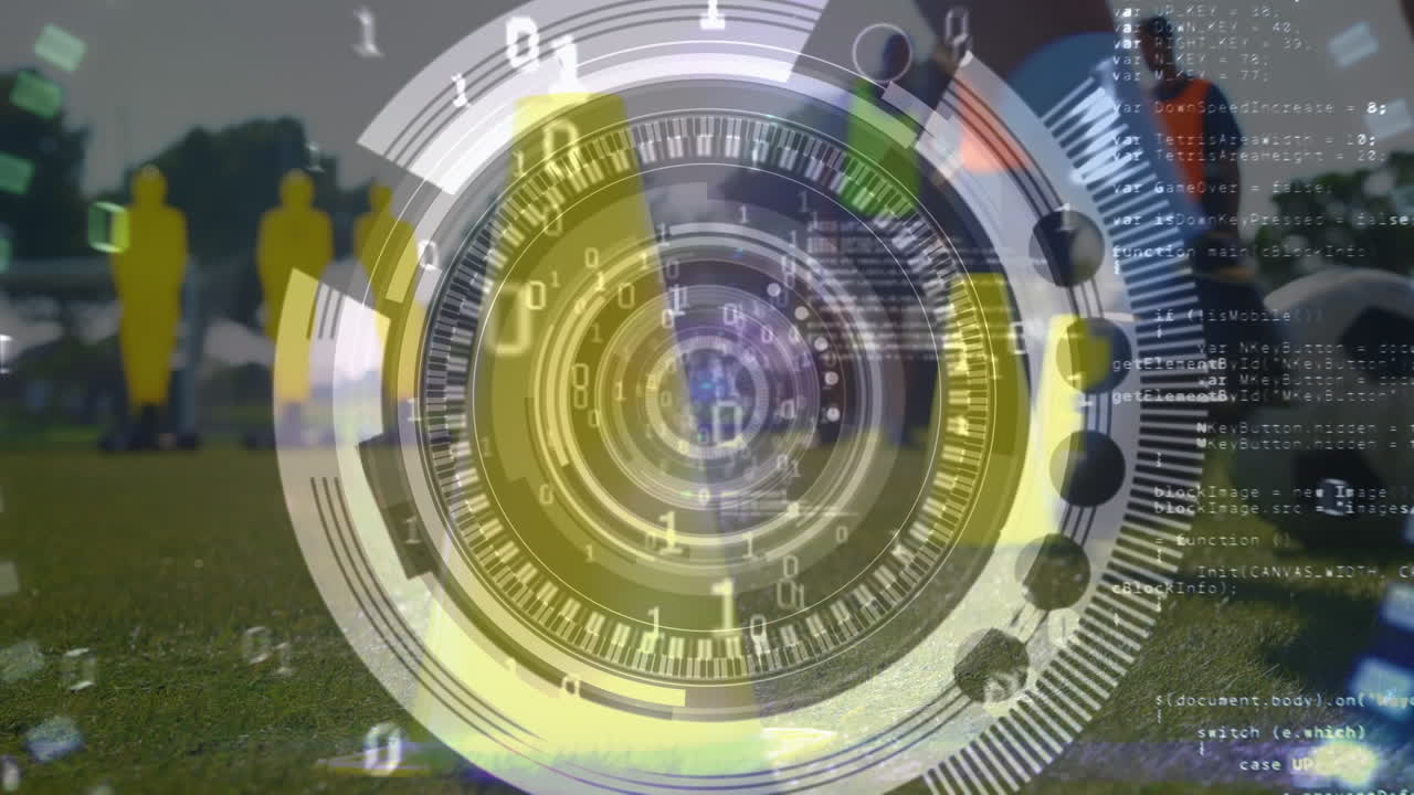 animación de diversos procesamientos de datos sobre las piernas de diversos jugadores de fútbol masculino