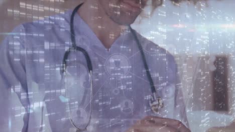 Animation-of-mosaic-squares-over-close-up-of-caucasian-male-health-worker-using-digital-tablet