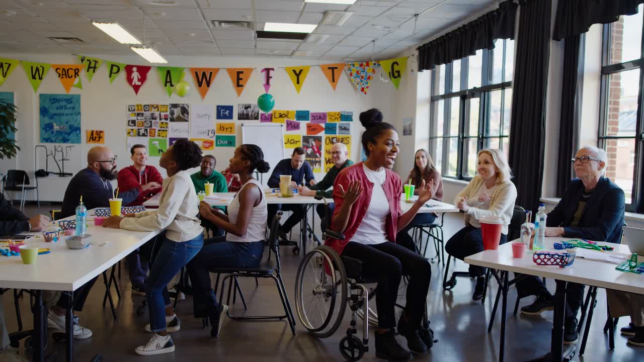 Diverse group in a bright classroom, shot from a wide angle
