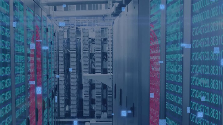 Animation of circuit board and data processing over computer servers