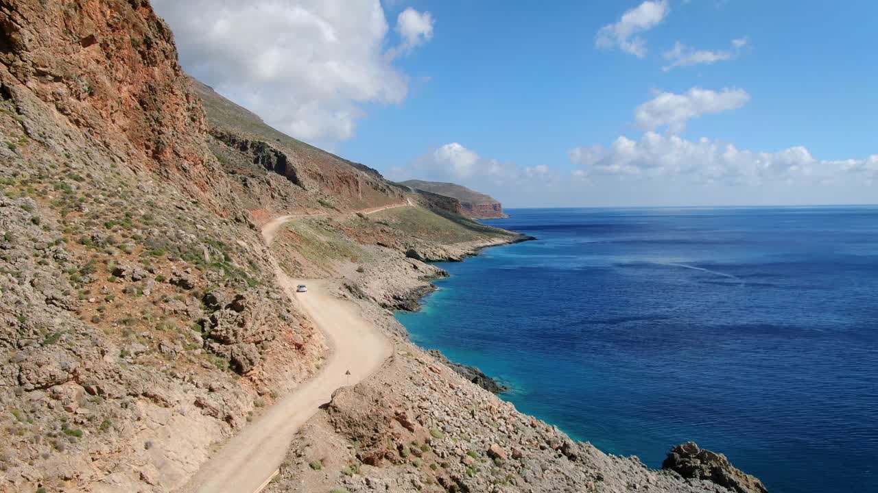 Aerial view of the rocky mountain range and seashore Kaliviani, Kissamos Province, Greece