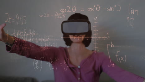 animation of mathematical drawings and equations over woman wearing vr headset