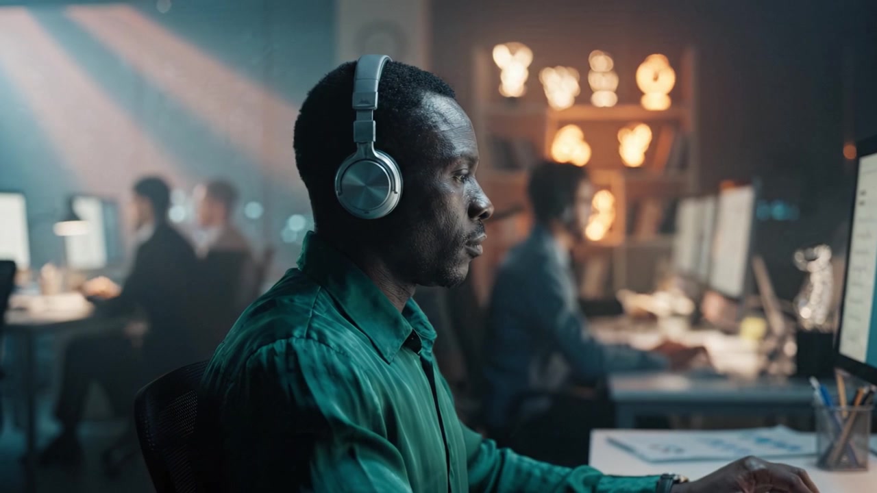 Focused Professional in Headphones Working at a Modern Office with Multiple Screens and Colleagues Engaged in Tasks, Highlighting a Collaborative Environment