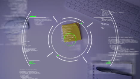 animación de las estadísticas y procesamiento de datos sobre el escritorio con computadoras y artículos de oficina.