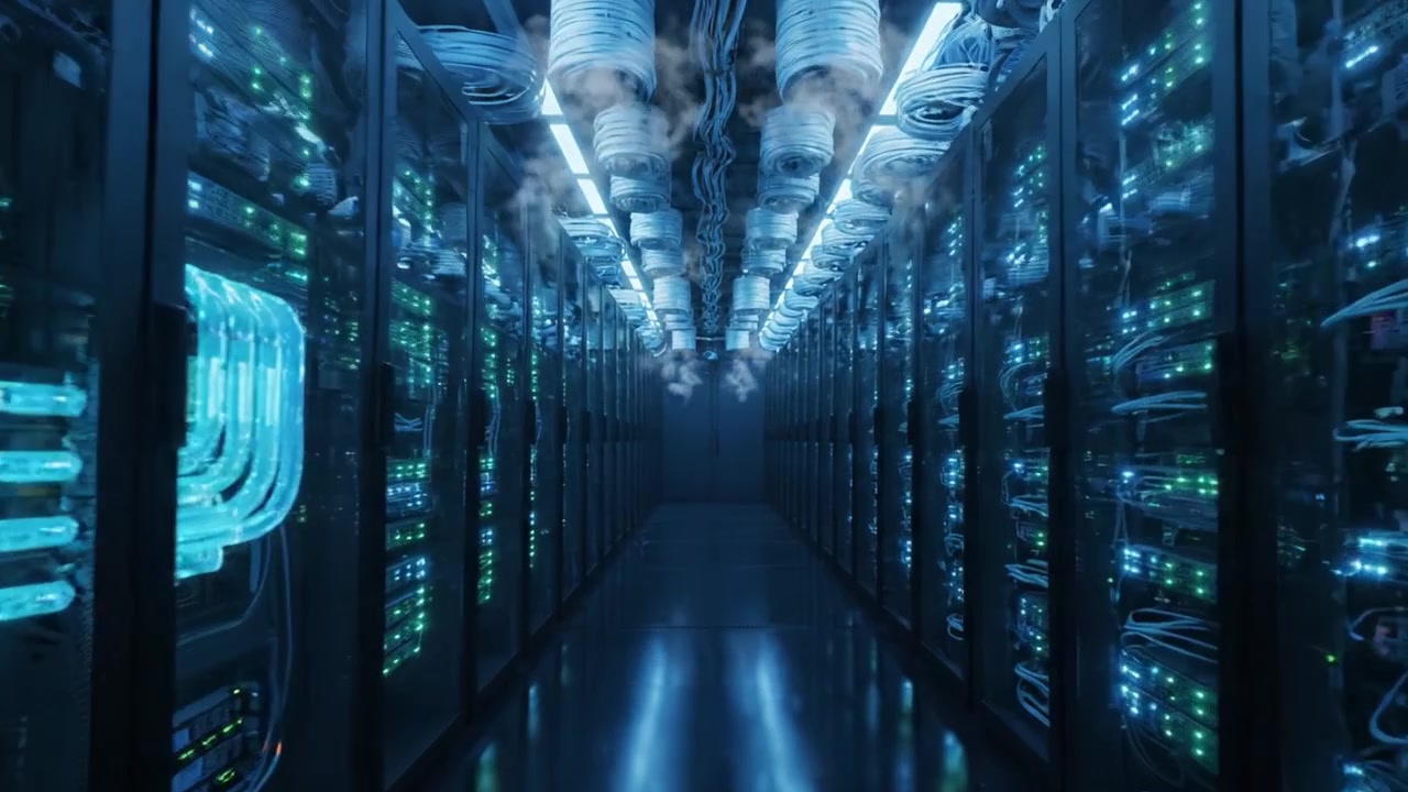 A Glimpse into a High-Tech Data Center: Exploring Complex Server Racks and Advanced Connectivity with Sleek Lighting and Organized Cables