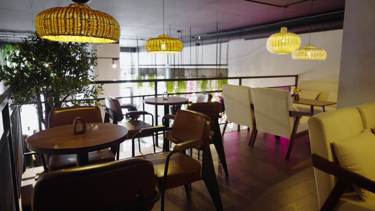 Modern Cafe Interior with Wicker Pendant Lights
