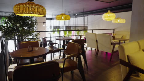 modern cafe interior with wicker pendant lights