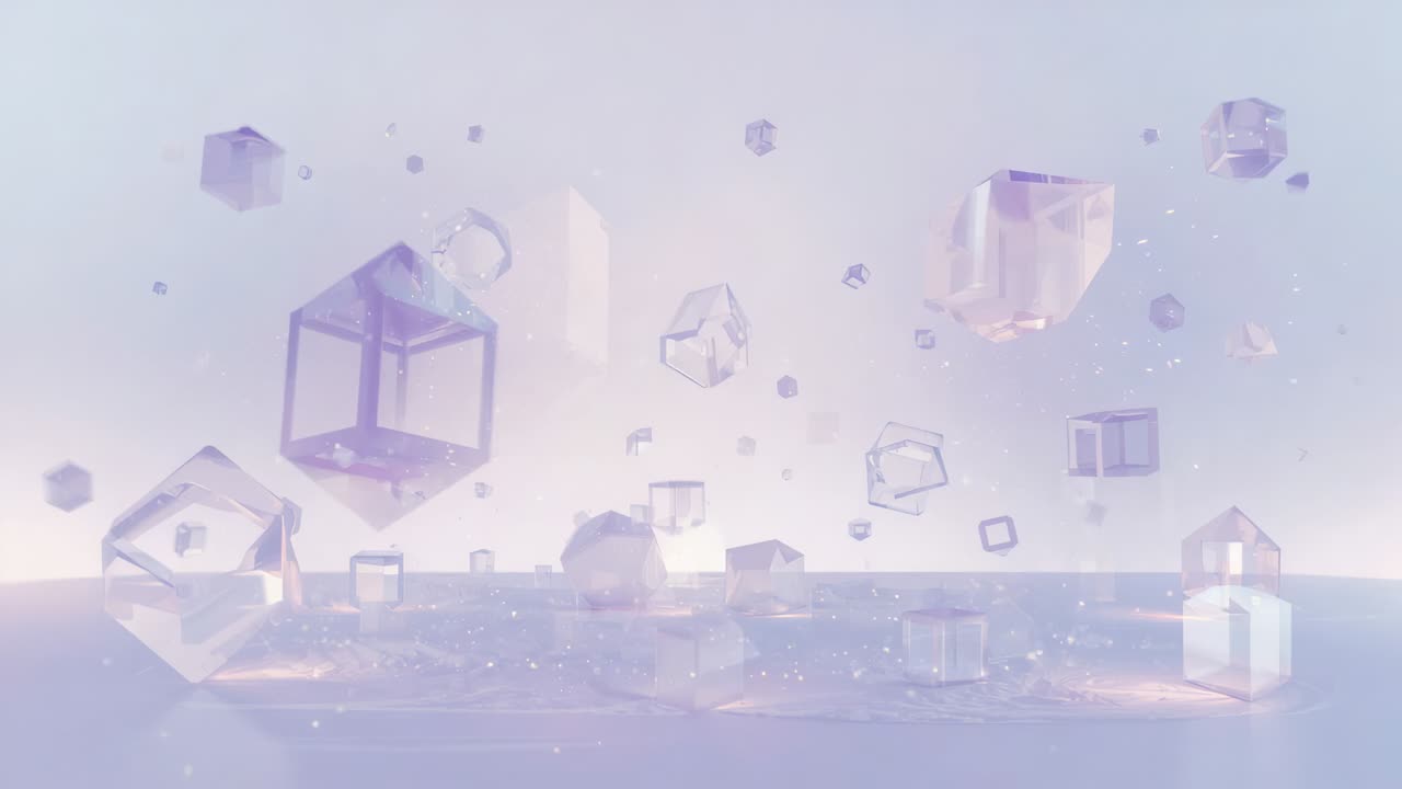 반투명 큐브와 다면체 클러스터가 미러 풀 위에서 회전하며 떠다니고, 파스텔 하이라이트가 돋보여요