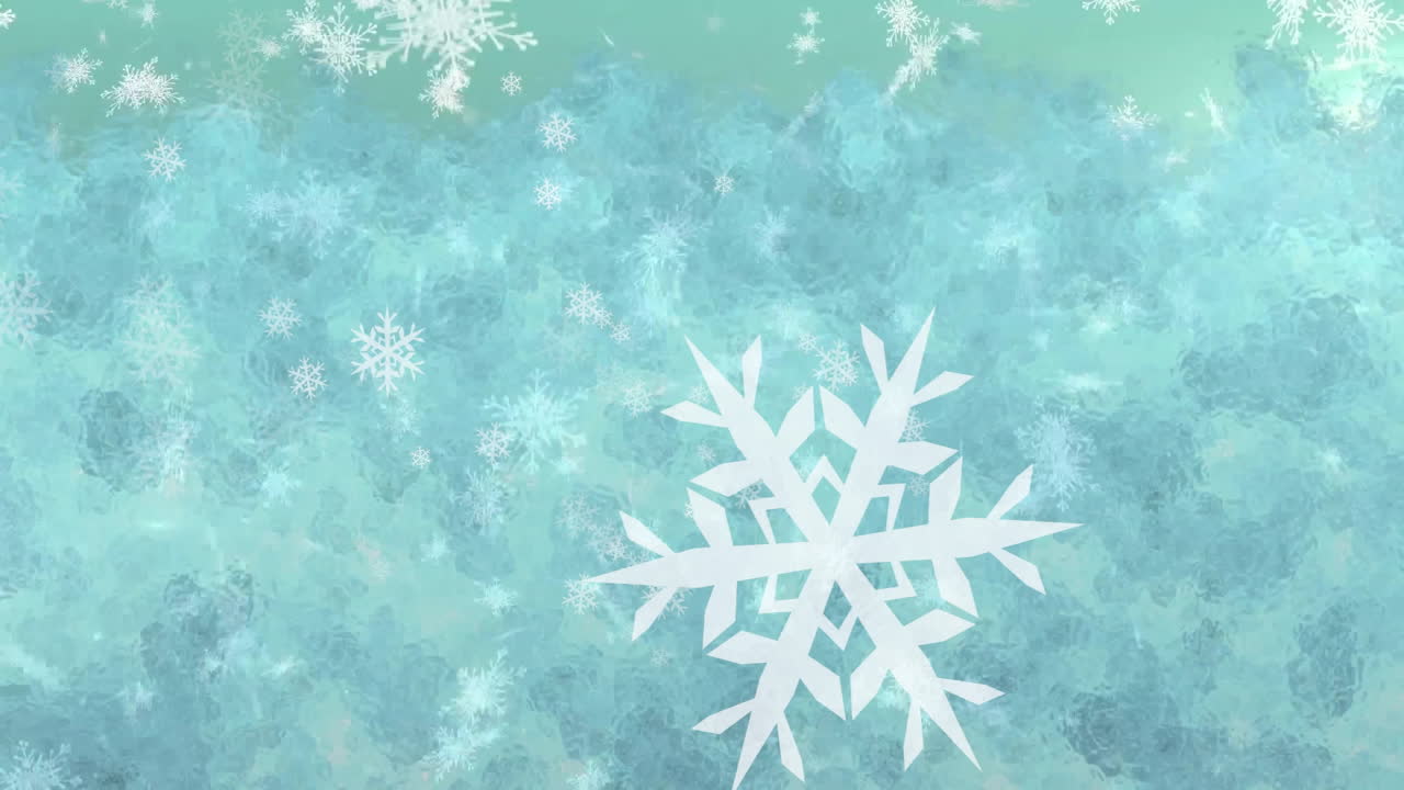 Animation of snow flakes falling on light blue background