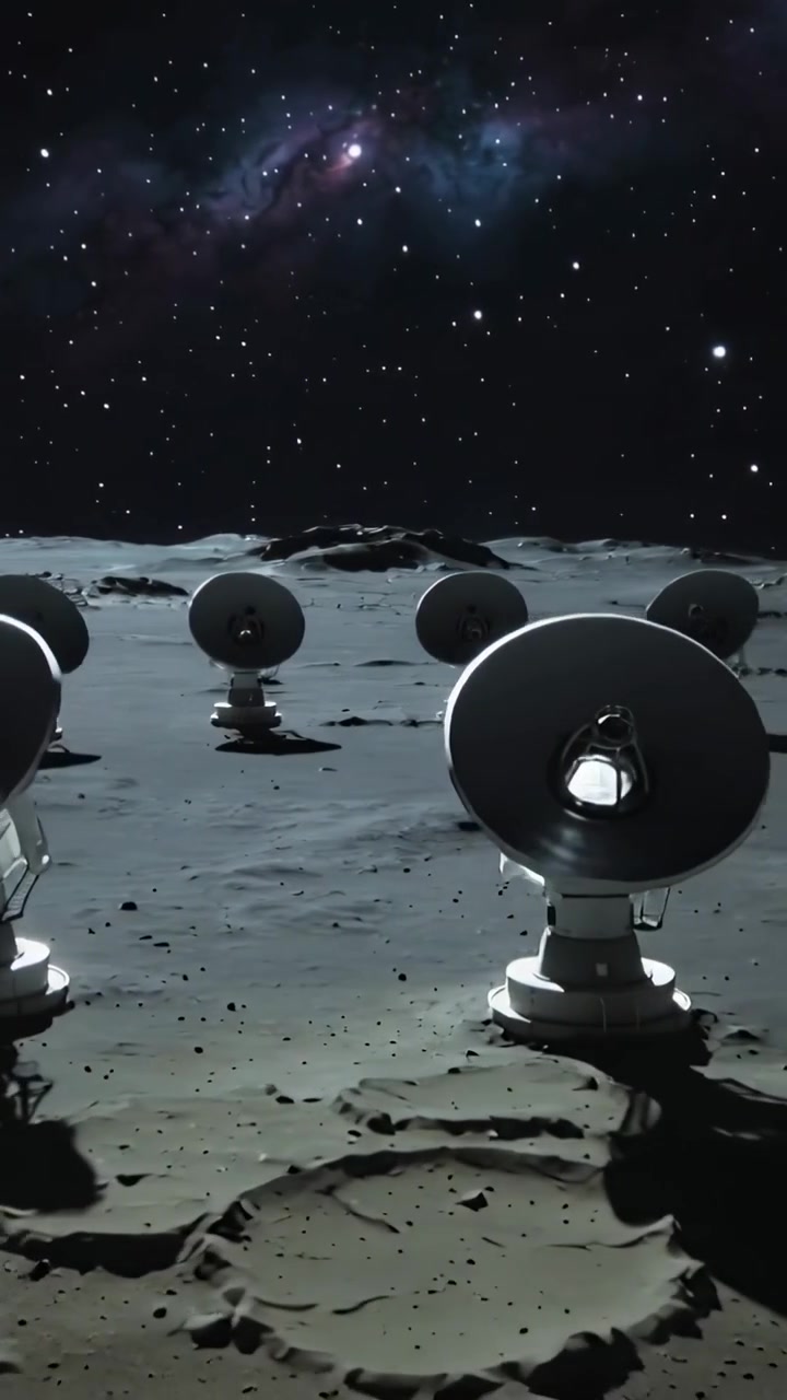 Vídeo vertical: Movimento panorâmico inicial da câmera revelando uma antena de rádio frontal e um conjunto em uma planície lunar para levantamento.