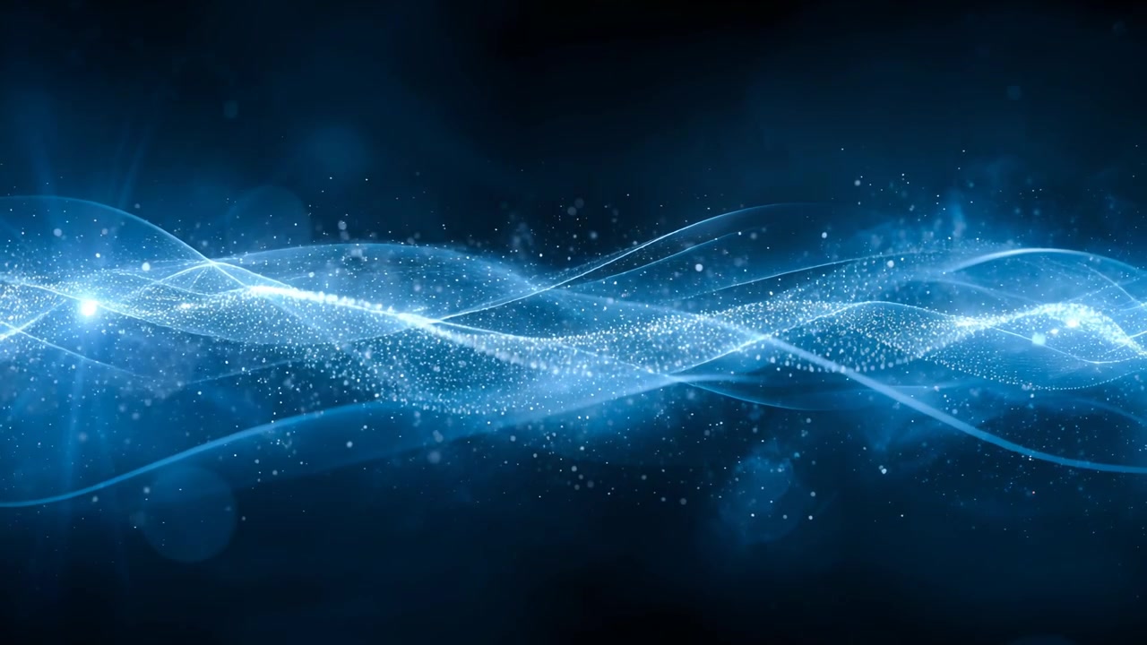 Shifting layered blue ribbons undulating in studio render, left flare appearing, lighting particles