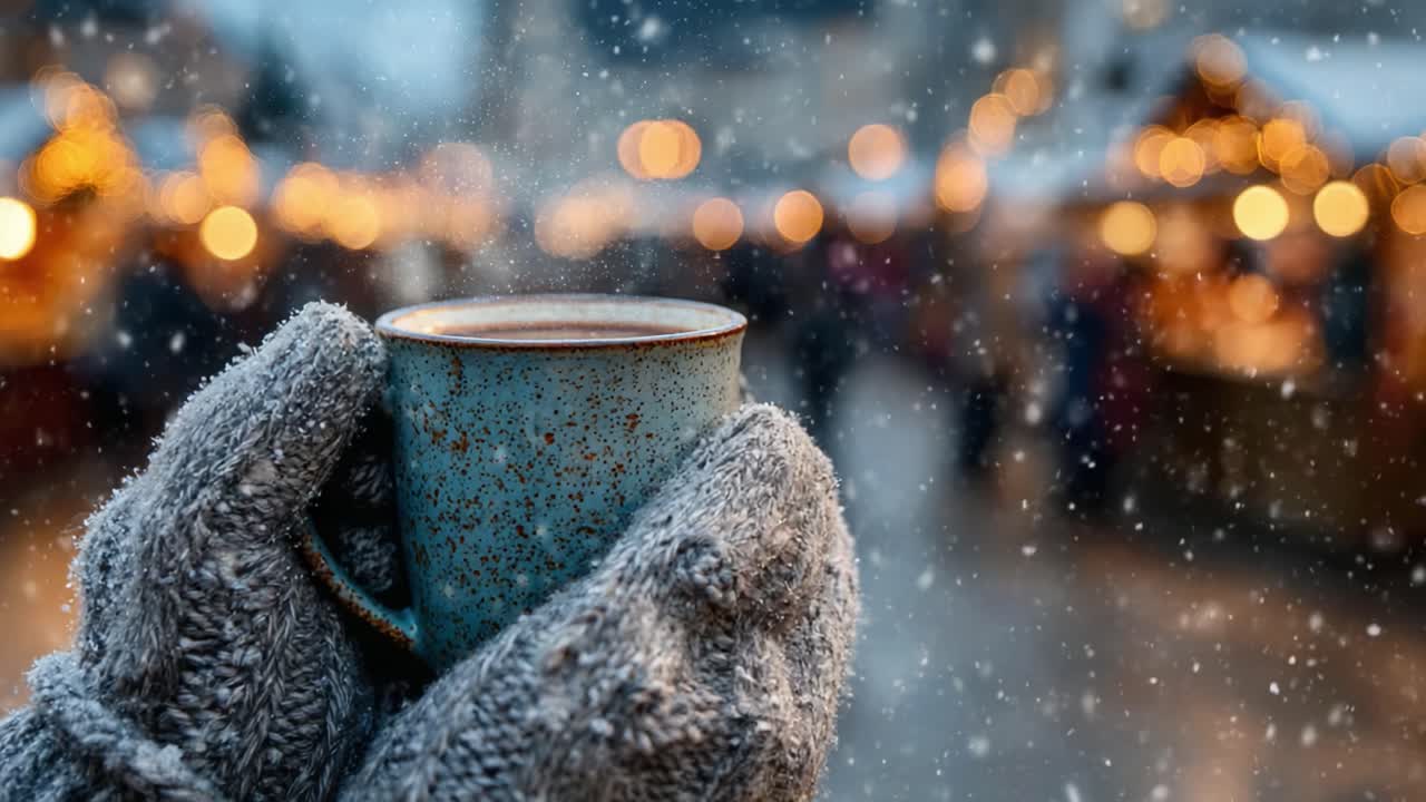Un'accogliente scena invernale con una tazza calda di bevanda tenuta in mani gelate su uno sfondo festoso illuminato di un mercato invernale tra la neve che cade delicatamente
