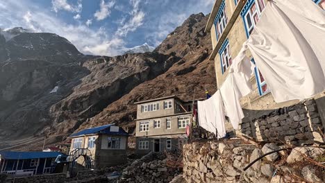 view over the langtang village high in the langtang valley