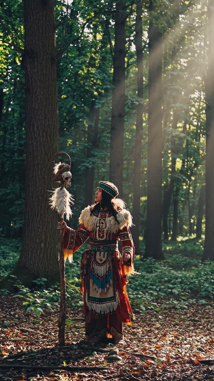 Woman in Traditional Tribal Attire Holding Staff in Sunny Forest