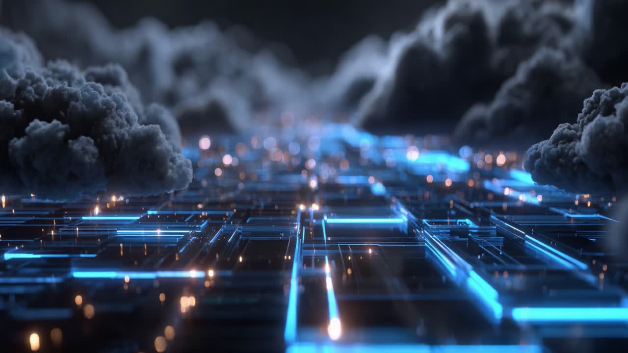 A Serene Digital Corridor: Illuminated Pathways Emerging from Ominous Clouds in a Futuristic Landscape with Vibrant Lights and Deep Shadows