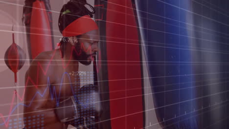animación de múltiples gráficos con números cambiantes, boxeador afroamericano practicando golpes